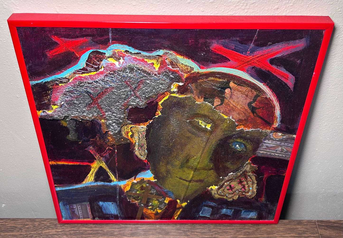 Byron Myrick - Untitled Contemporary Mixed Media Man with Cross Portrait on Wood Panel Art (2001) (Mississippi)