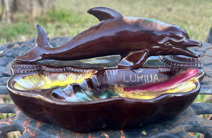 Vintage 1950’s Ceramic Redware Drip Glaze Florida Dolphin Souvenir Ashtray Made in Japan