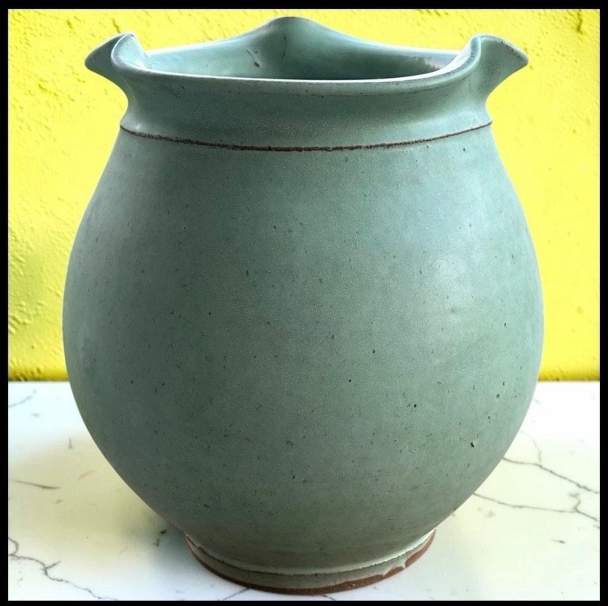 2005 Potsalot Studio Art Pottery Contemporary Style Stoneware Ruffled Rim Bulbous Vase (New Orleans, Louisiana)
