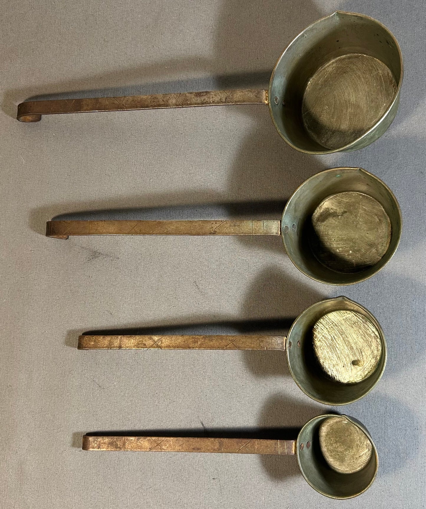 Set of 4 Late 19th Century French Primitive Tin-Lined Copper/Wrought Iron Nesting Pouring Measuring Cups with Handles