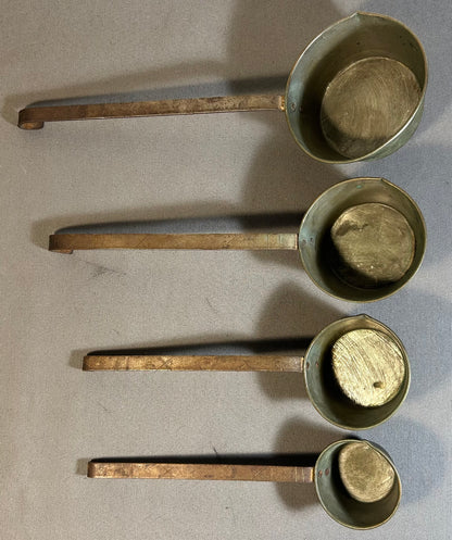 Set of 4 Late 19th Century French Primitive Tin-Lined Copper/Wrought Iron Nesting Pouring Measuring Cups with Handles