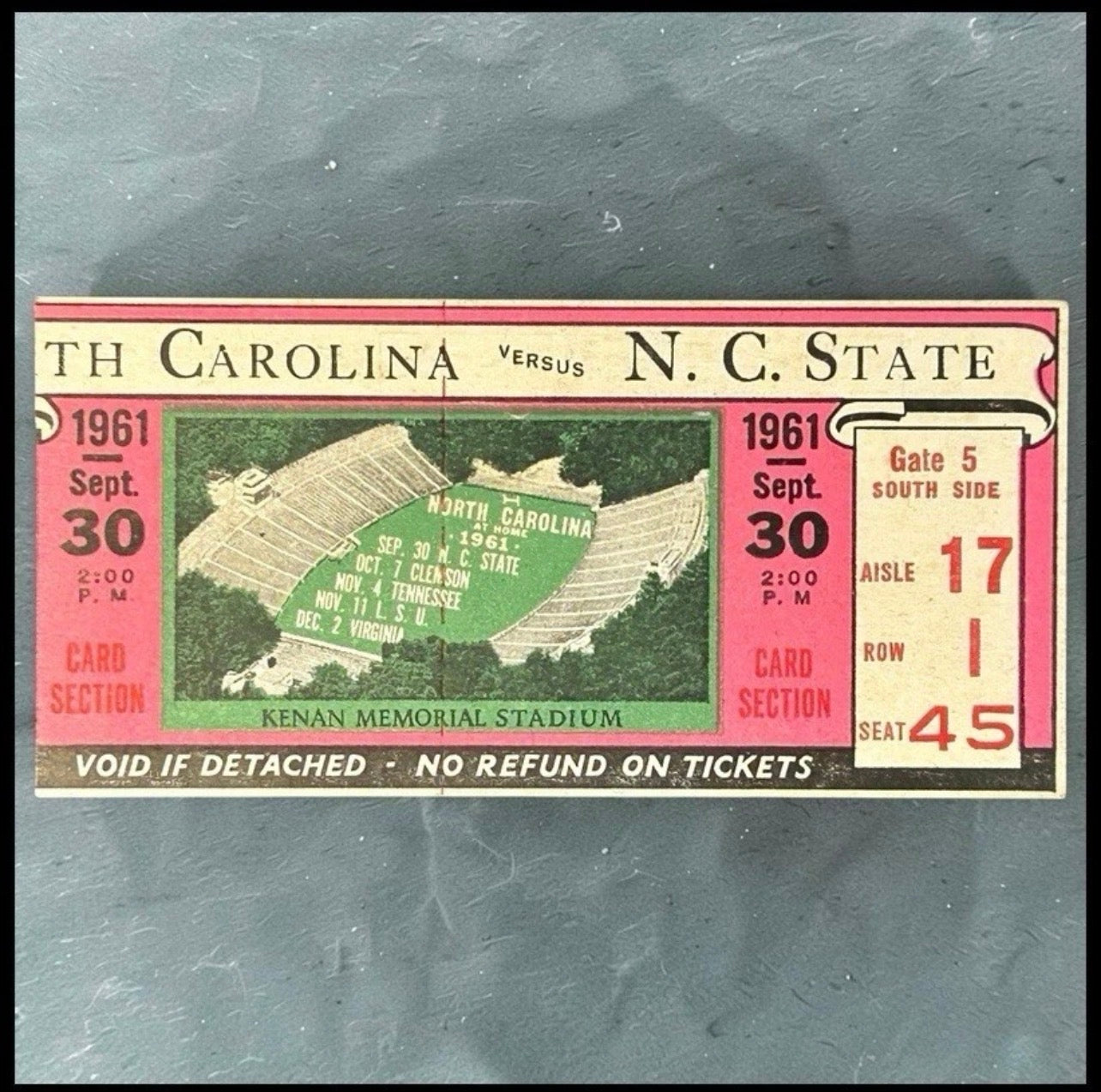 Vintage 1961 North Carolina Tar Heels vs. North Carolina State Wolfpack Football Ticket Stub
