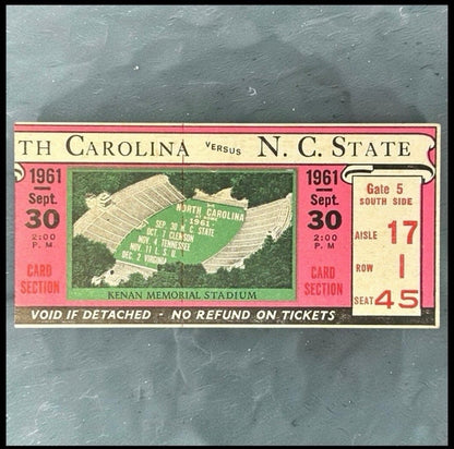 Vintage 1961 North Carolina Tar Heels vs. North Carolina State Wolfpack Football Ticket Stub