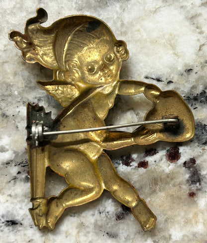 Vintage 1960’s American Gold Tone Metal Cupid Sweetheart Brooch Pin