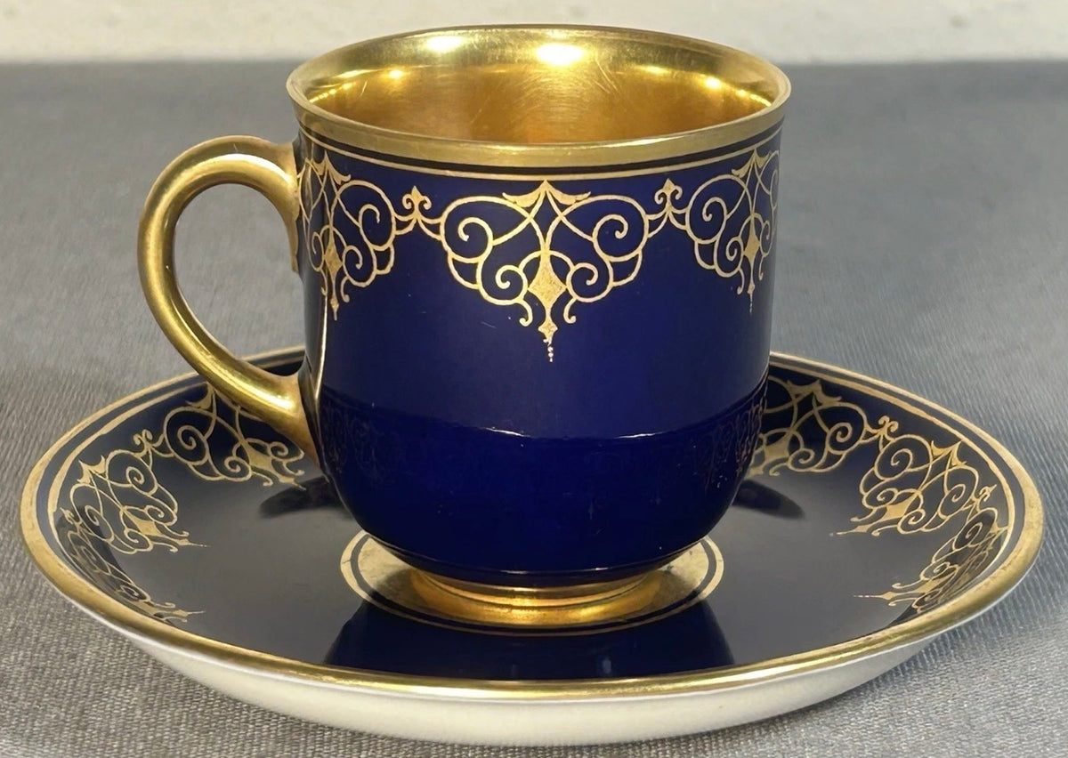 1930’s Austrian Augarten Porcelain Biedermeier Style Gilded Cobalt Blue Scrollwork Motifs Demitasse Cups and Saucer Set