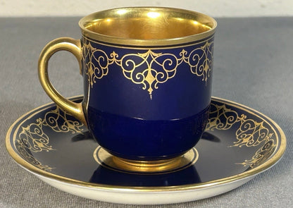 1930’s Austrian Augarten Porcelain Biedermeier Style Gilded Cobalt Blue Scrollwork Motifs Demitasse Cups and Saucer Set