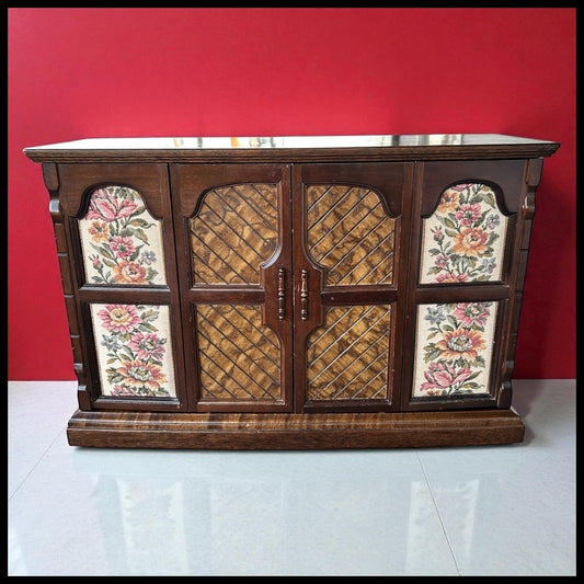 Vintage 1960’s Oak Wood Floral Tapestry Folding Doors Mirror Back Jewelry Armoire Made in Japan