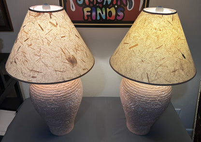 Pair of Vintage 1980’s American Postmodern Pastel Pink Banded Textured Ceramic Base Table Lamps with Thai Banana Paper Shades