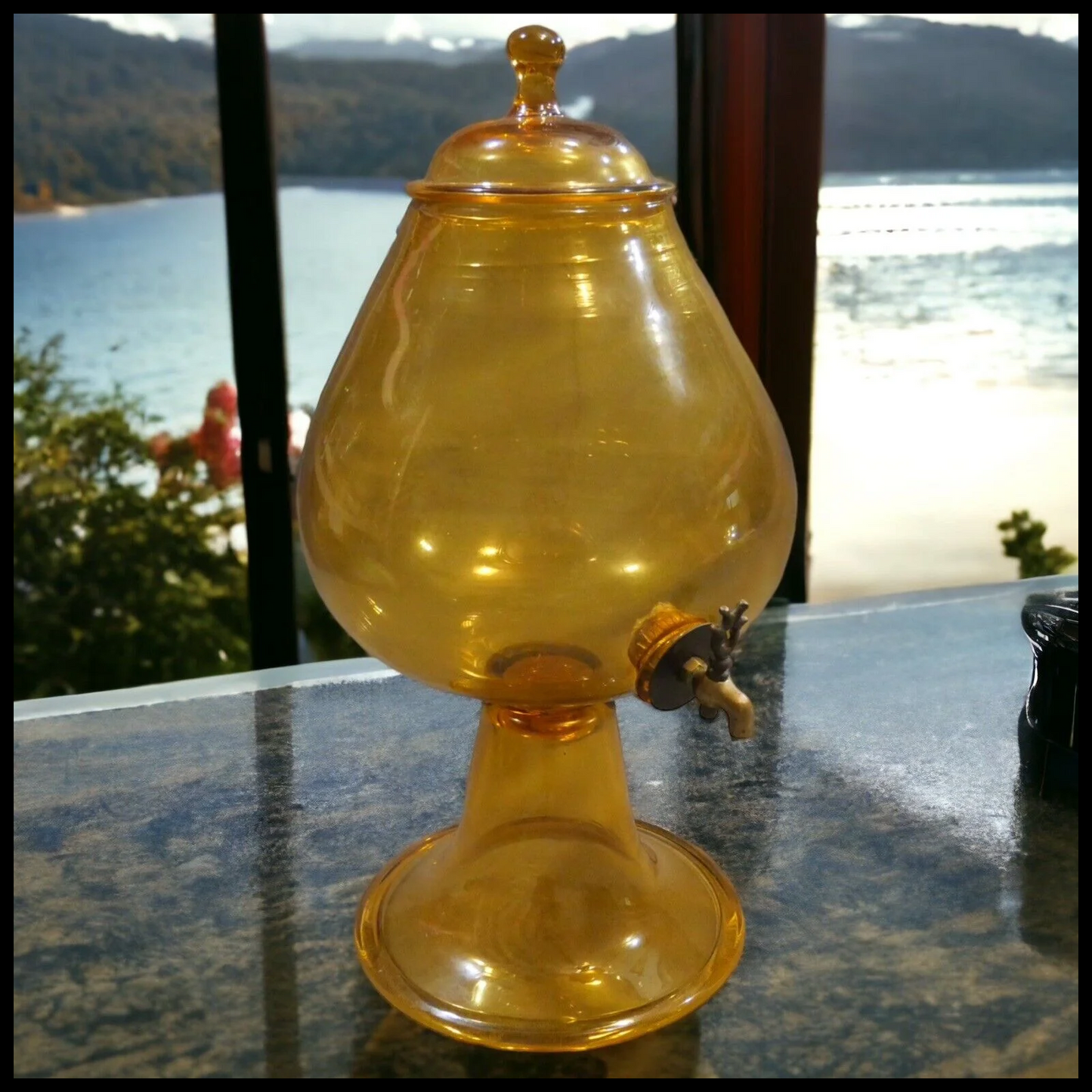Vintage 1960's Italian Mid Century Modern Empoli Topaz Glass Footed Beverage Dispenser
