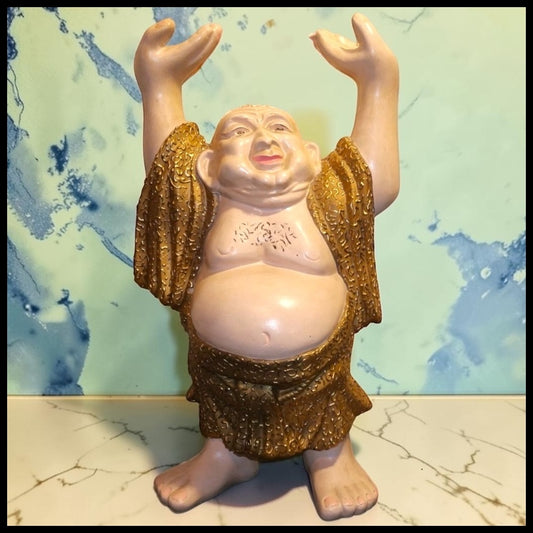 Vintage 1960's American Mid Century Modern Hand Painted Ceramic Weeping Gold Laughing Buddha Sculptural Prosperity Bank
