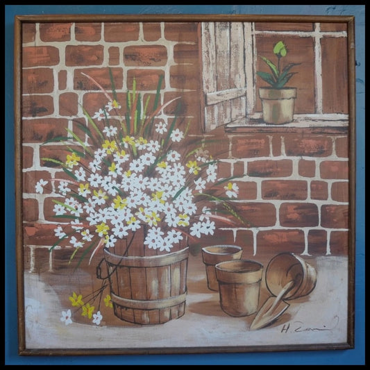 Vintage Circa 1970 American Mid Century Modern Daisies in Flower Pot Framed Oil Painting (Illegibly Signed)