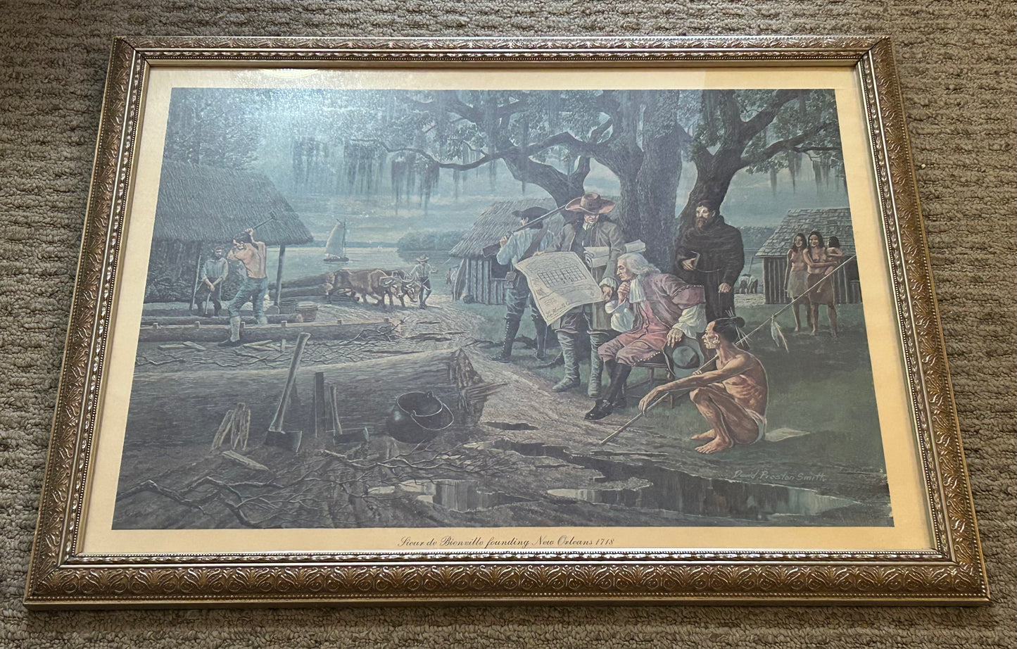 Vintage David Preston Smith - “Sieur de Bienville Founding New Orleans 1718” Framed Lithograph Print (20th Century) (Canadian)