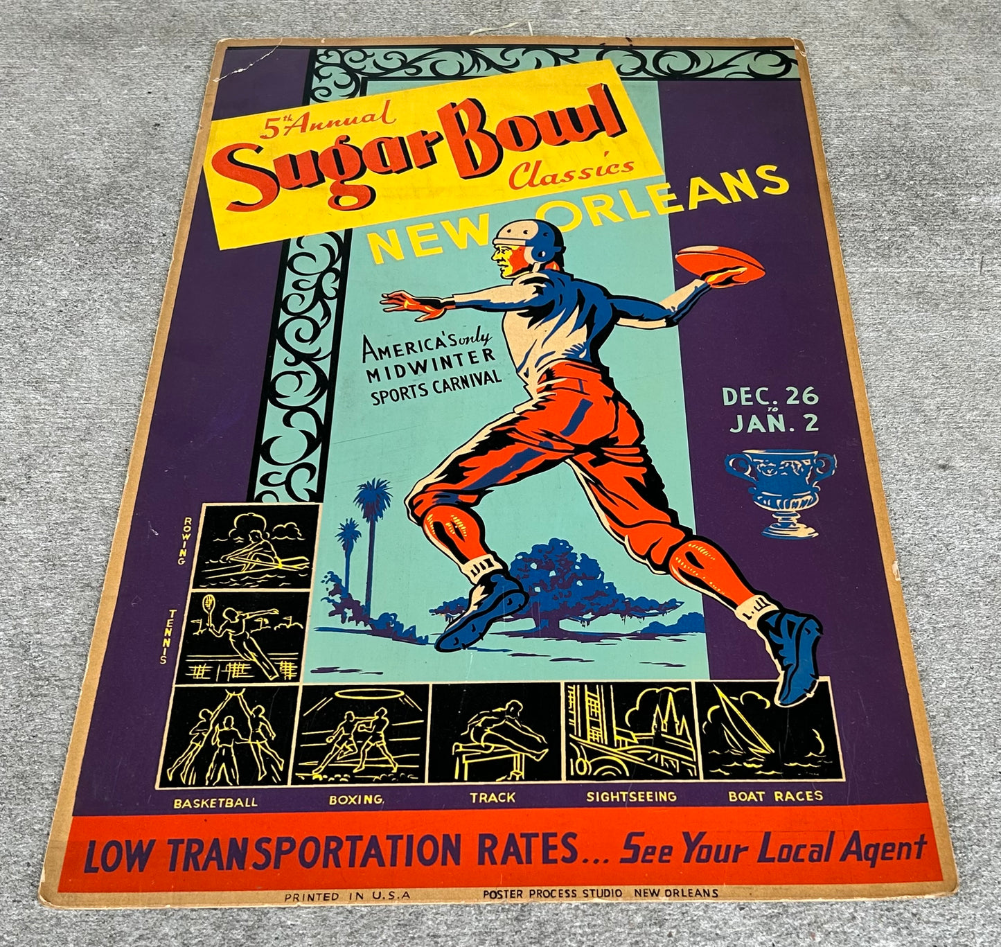 1939 5th Annual Sugar Bowl Classics New Orleans Football Cardboard Advertising Sign