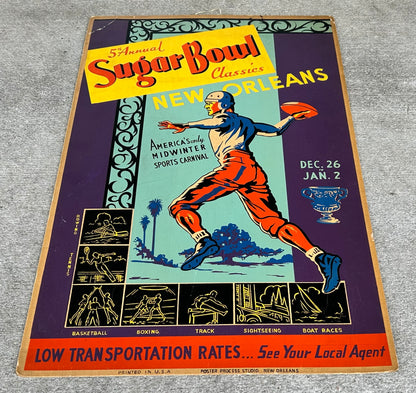 1939 5th Annual Sugar Bowl Classics New Orleans Football Cardboard Advertising Sign