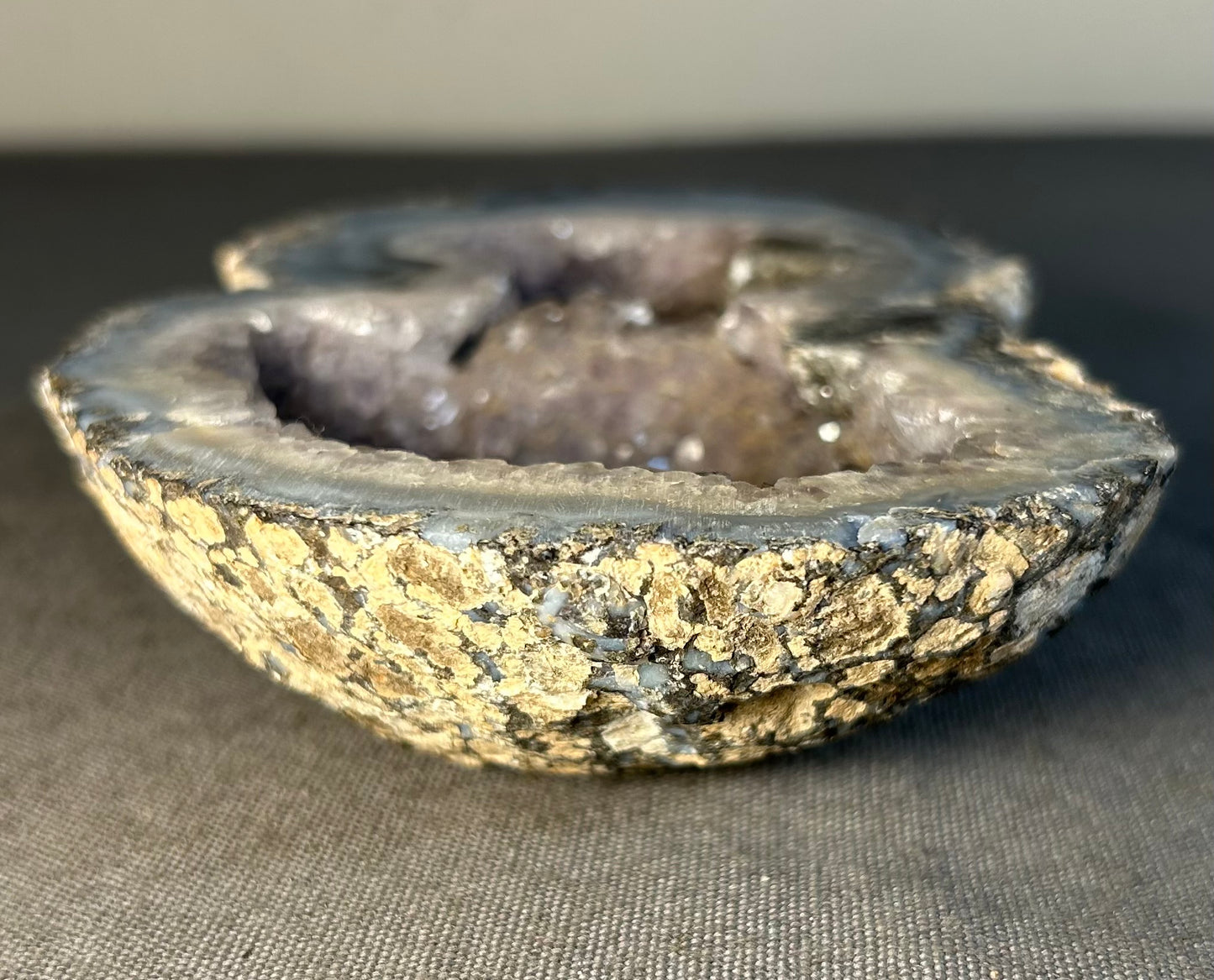 Natural Amethyst Quartz Crystal/Gray & White Chalcedony Agate Twin-Pocket Geode Specimen