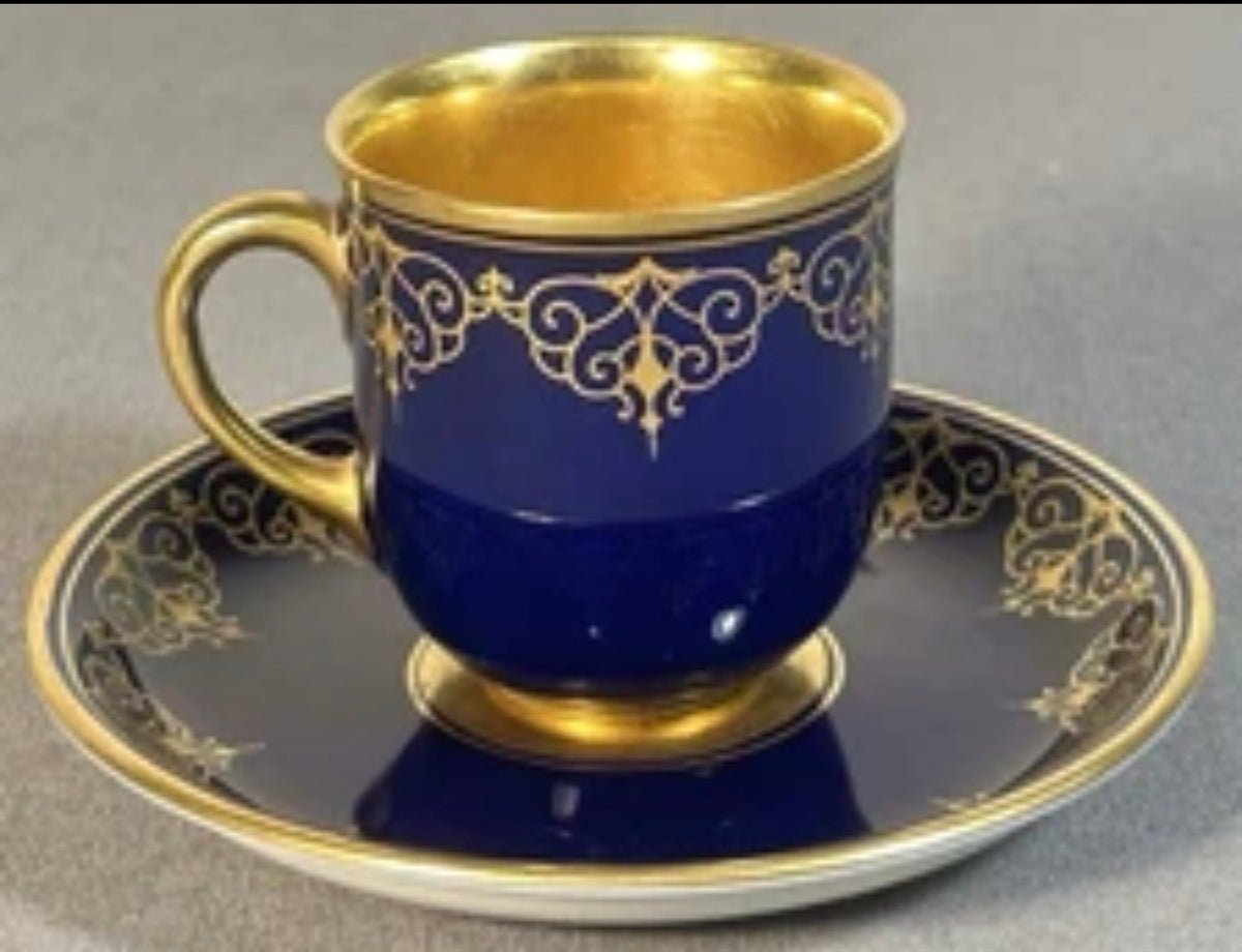1930’s Austrian Augarten Porcelain Biedermeier Style Gilded Cobalt Blue Scrollwork Motifs Demitasse Cups and Saucer Set
