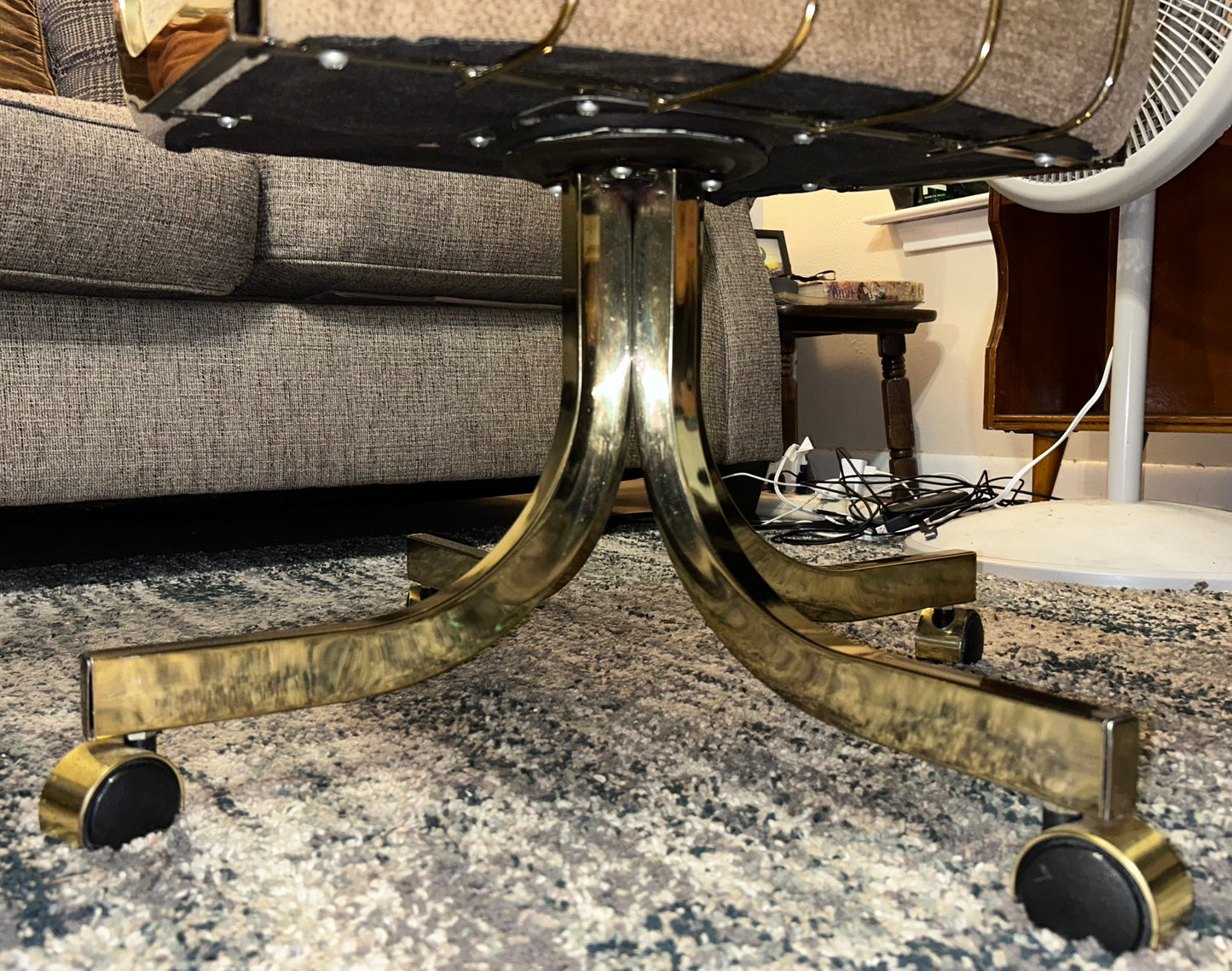 Set of 2 Vintage 1980’s American Hollywood Regency Chromcraft Brass Style Metal/Beige Upholstered Rolling Accent Armchairs