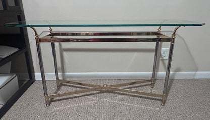Vintage 1970’s French Maison Jansen Style Brass/Chrome Metal Base Beveled Glass Top Console Table