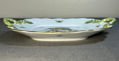 Vintage Circa 1970 Hungarian Herend Porcelain Hand-Painted Rothschild Bird Pattern Scalloped Rim Handled Square Serving Tray