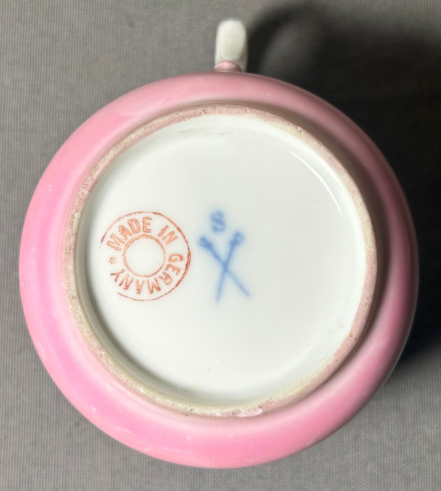 Late 19th Century German Victorian Schlesische Porzellanfabrik Louis Lövinsohn and P. Donath Gilded Pink Porcelain Mustache Cup and Saucer Set