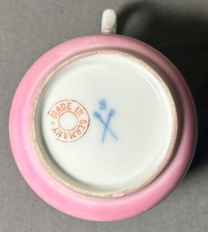 Late 19th Century German Victorian Schlesische Porzellanfabrik Louis Lövinsohn and P. Donath Gilded Pink Porcelain Mustache Cup and Saucer Set