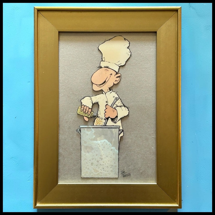 Jim Tweedy - Chef Cooking Cartoon Pop-Art Framed Reverse Glass Painting (20th/21st Century) (Louisiana)