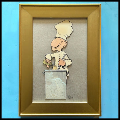 Jim Tweedy - Chef Cooking Cartoon Pop-Art Framed Reverse Glass Painting (20th/21st Century) (Louisiana)