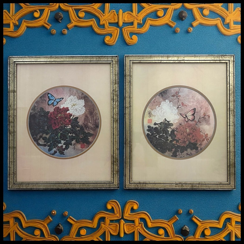 Set of 2 Vintage 1980’s Windsor Art Products Oriental Flowers with Butterflies Framed Prints by T.C. Chiu
