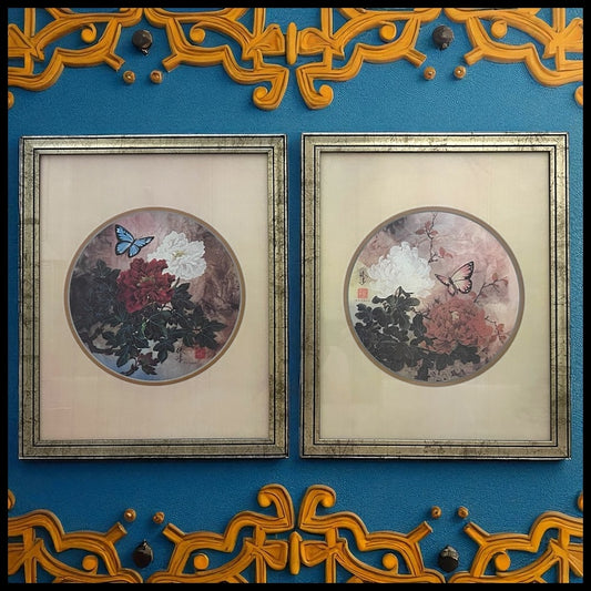 Set of 2 Vintage 1980’s Windsor Art Products Oriental Flowers with Butterflies Framed Prints by T.C. Chiu