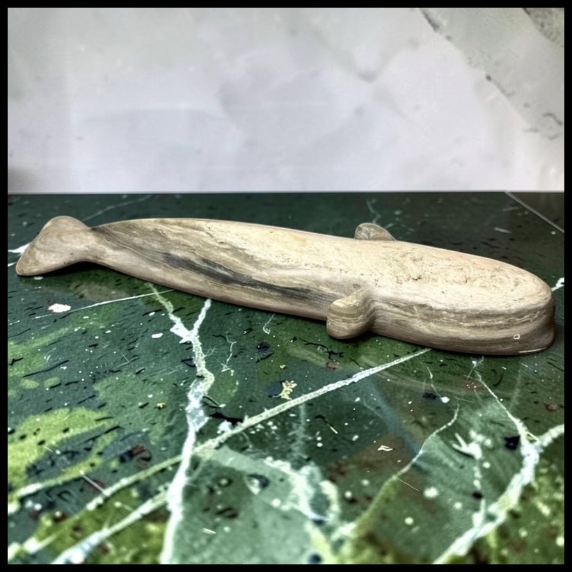 Vintage Canadian Inuit Argillite Stone Whale Carving by Mina Iqaluq (20th Century)