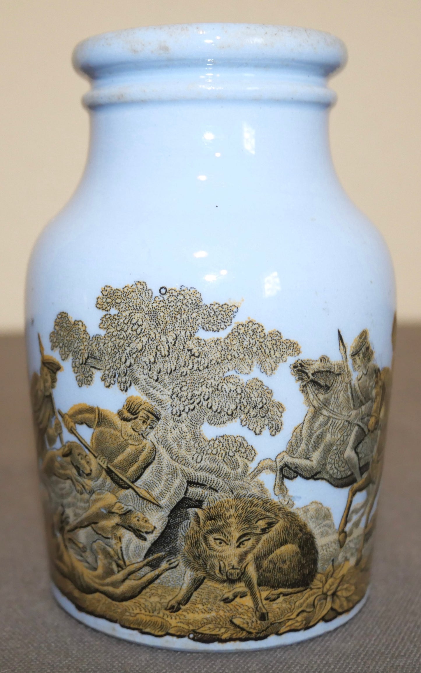 Circa 1880 English Victorian Prattware Pottery Blue Transferware Boar Hunt Scene Motif Mustard Jar