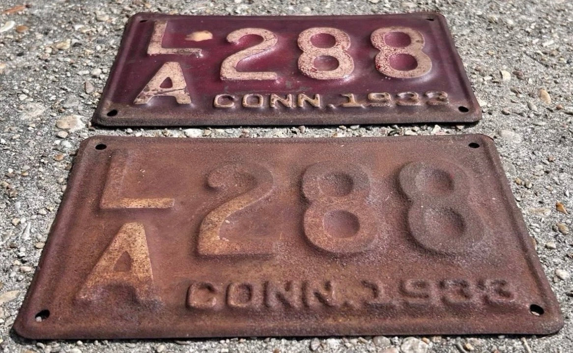 Pair of 1933 Connecticut Red Metal License Plates