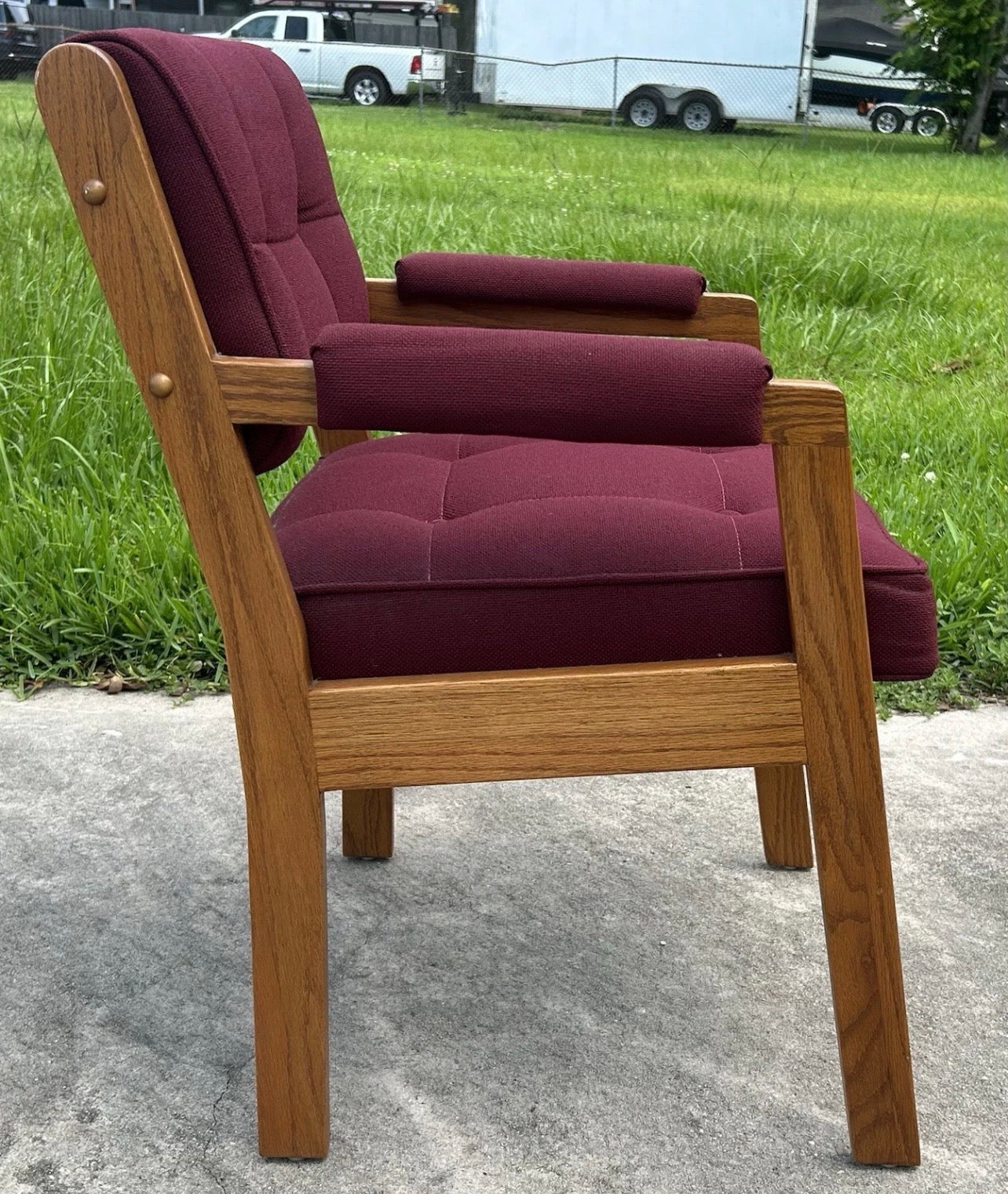Vintage 1970’s American La-Z-Boy Mid Century Modern Oak Wood/Burgundy Red Upholstered Cushioned Armchair