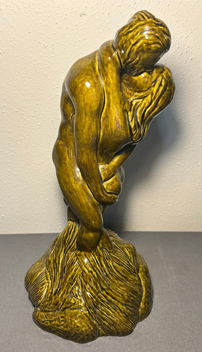 Vintage 1977 American Mid Century Modern Nude Lovers Kissing Olive Green Ceramic Sculpture