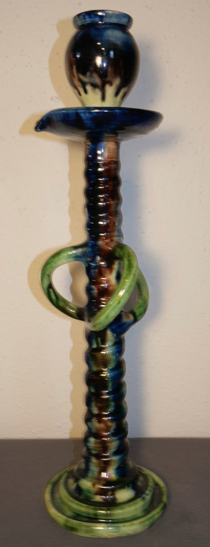 Circa 1900 Belgian Art Nouveau Majolica Slip Glazed Twist Form Candlestick