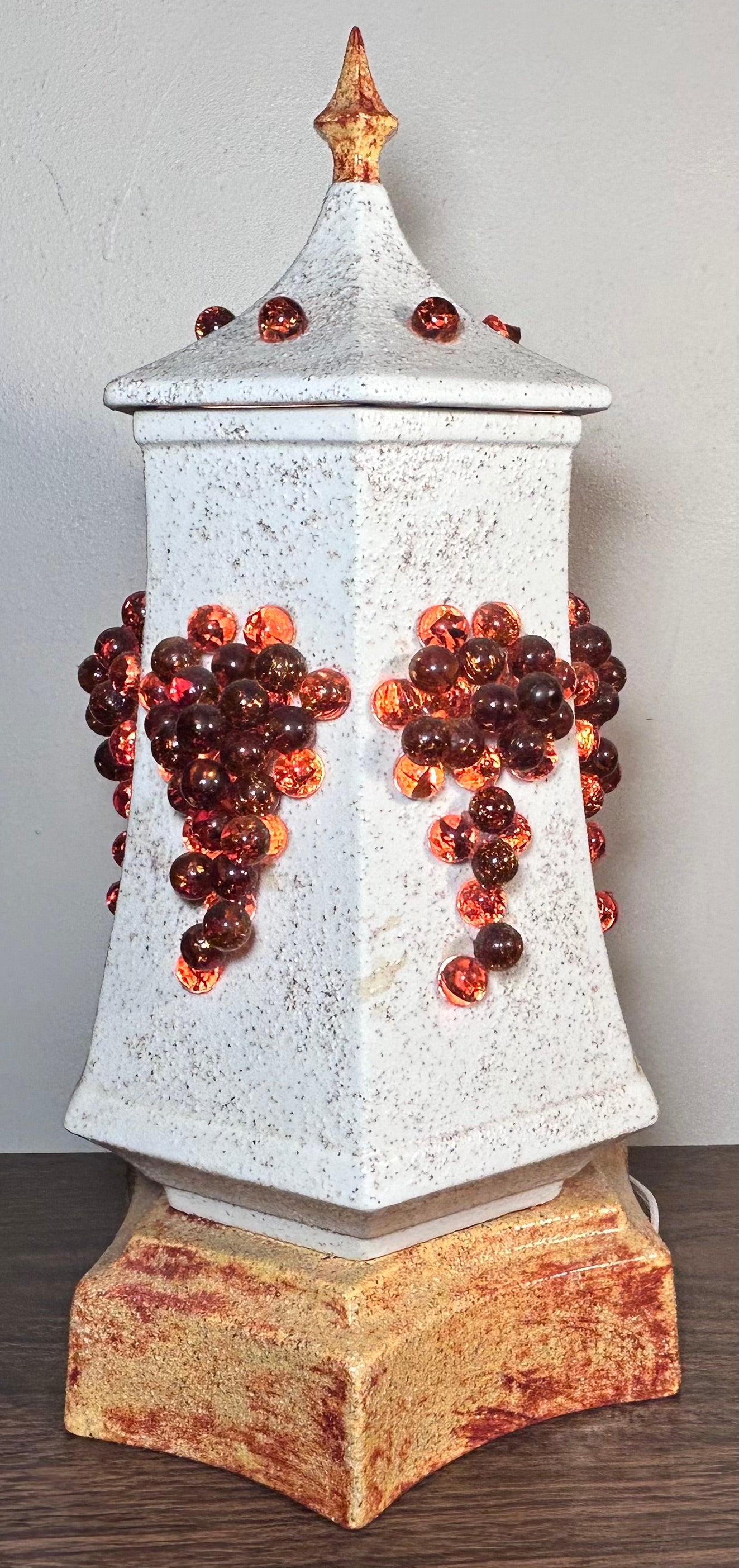 Vintage 1960’s American Mid Century Modern Ceramic/Glass Grape Clusters Pagoda-Style Paneled Table Lamp