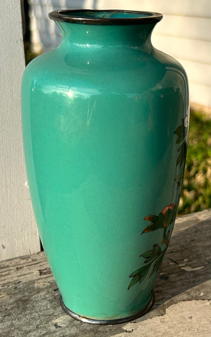 Vintage 1950’s Japanese Inaba Cloisonne Company Turquoise Silver Trim Floral Motif Baluster Vase with the Original Paperwork (Showa Era)