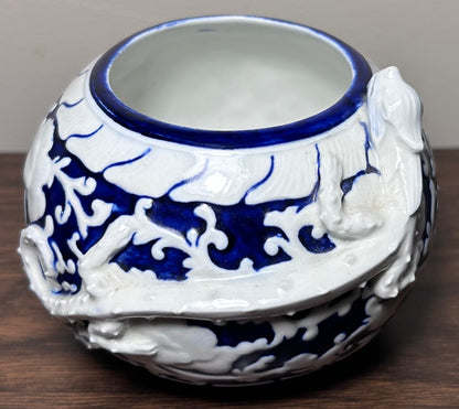 1885 English Victorian Royal Worcester Porcelain Japanesque Style Porcelain Brush Washer Form White/Cobalt Blue Raised Relief Dragon Motif Small Rotund Vase