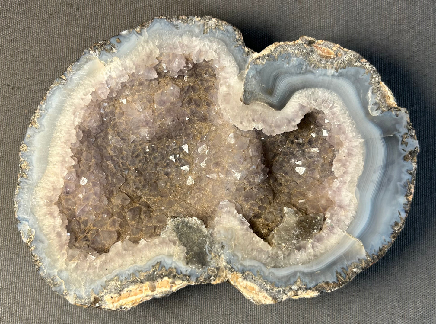 Natural Amethyst Quartz Crystal/Gray & White Chalcedony Agate Twin-Pocket Geode Specimen