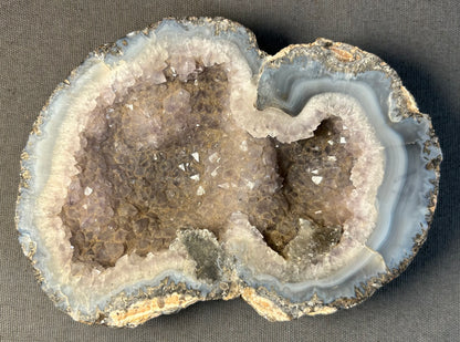 Natural Amethyst Quartz Crystal/Gray & White Chalcedony Agate Twin-Pocket Geode Specimen
