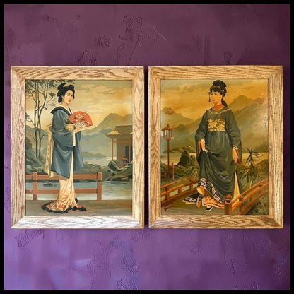 Pair of Vintage 1965 Craft Master Paint By Number Japanese Geisha Framed Oil Paintings