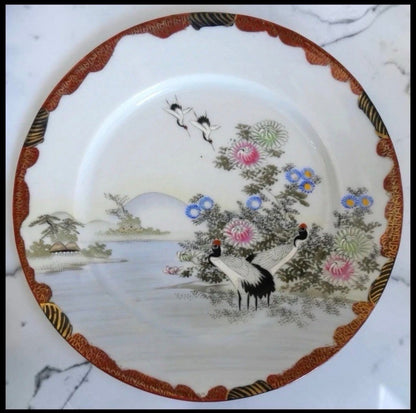 Early 20th Century Japanese Kutani Porcelain Red-Crowned Crane/Floral Motifs Dinner Plate (Meiji Period)