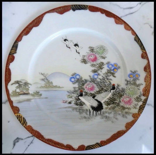 Early 20th Century Japanese Kutani Porcelain Red-Crowned Crane/Floral Motifs Dinner Plate (Meiji Period)