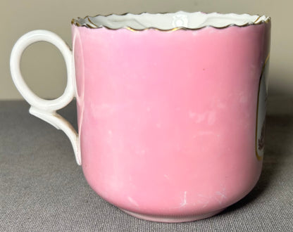 Late 19th Century German Victorian Schlesische Porzellanfabrik Louis Lövinsohn and P. Donath Gilded Pink Porcelain Mustache Cup and Saucer Set