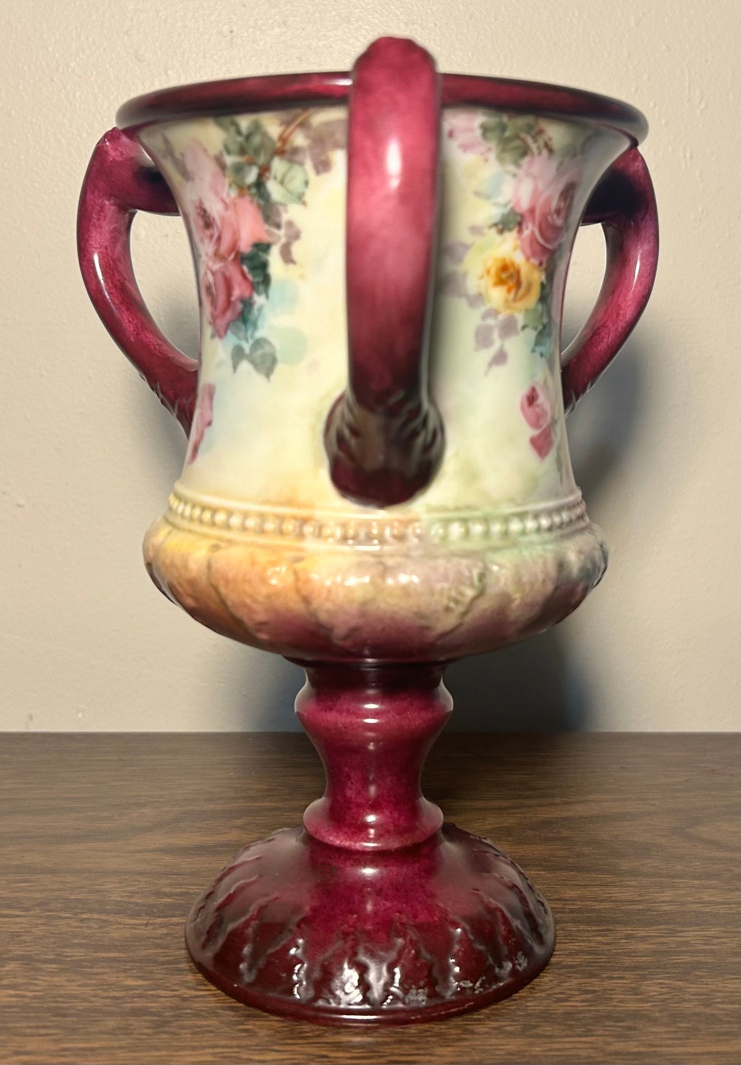 1889-1906 American Ceramic Art Studio Belleek Porcelain Hand Painted Rose Motifs Loving Cup Vase