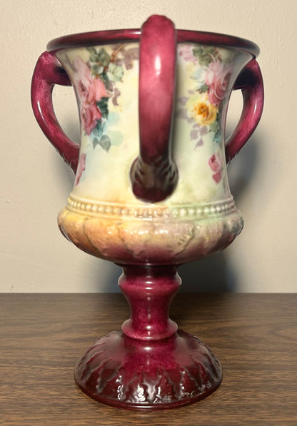 1889-1906 American Ceramic Art Studio Belleek Porcelain Hand Painted Rose Motifs Loving Cup Vase