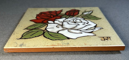 Vintage 1980’s American Teissedre Designs Ceramic Red/White Roses Art Tile by Jack R. Teissedre (Arizona)