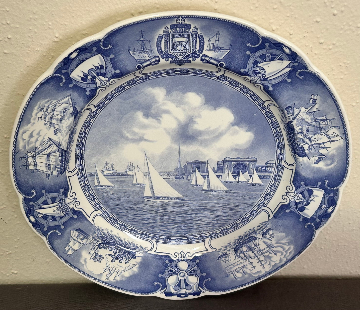 1934 English Wedgwood Etruria Blue Transferware Porcelain U.S. Naval Academy Sailboat Drill Plate