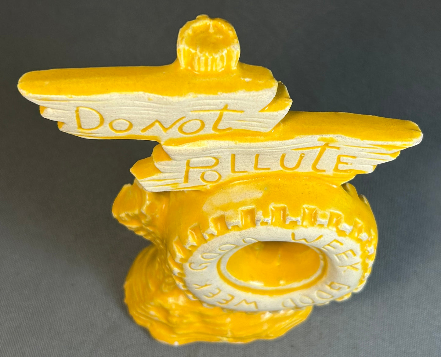 Vintage 1970’s Kitsch Novelty Goodyear Parody/Anti-Pollution Ceramic Figurine Made in South Korea