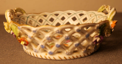 Early 20th Century German Art Nouveau Carl Thieme Potschappel Dresden Porcelain Hand Painted Floral Motif Reticulated Handled Basket with Applied Flowers